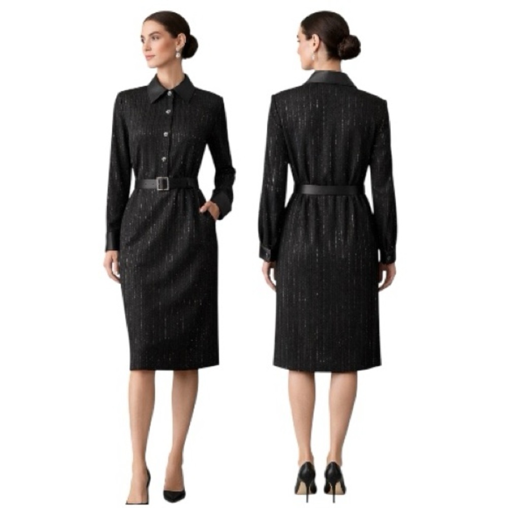 St. John Evening Dress Black Metallic Pinstripe Belted Cocktail Midi Elegant NWT